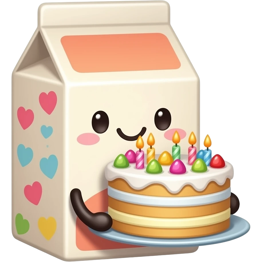 Kawaii Juice box holding a birthday cake emoji