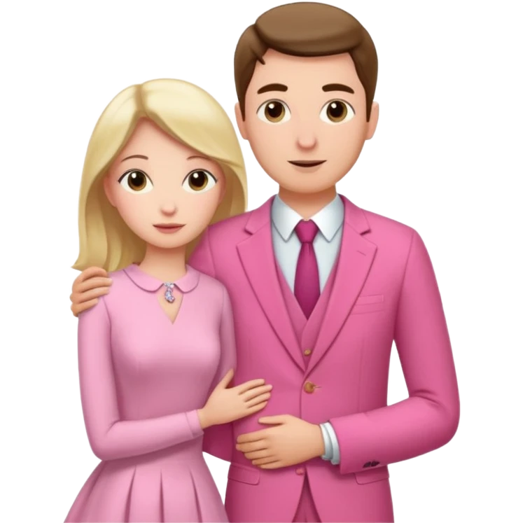 Two lovers, one female one male, male three inches taller, girl in pink dress, man in pink suit, both holding each other in a warm embrace  emoji