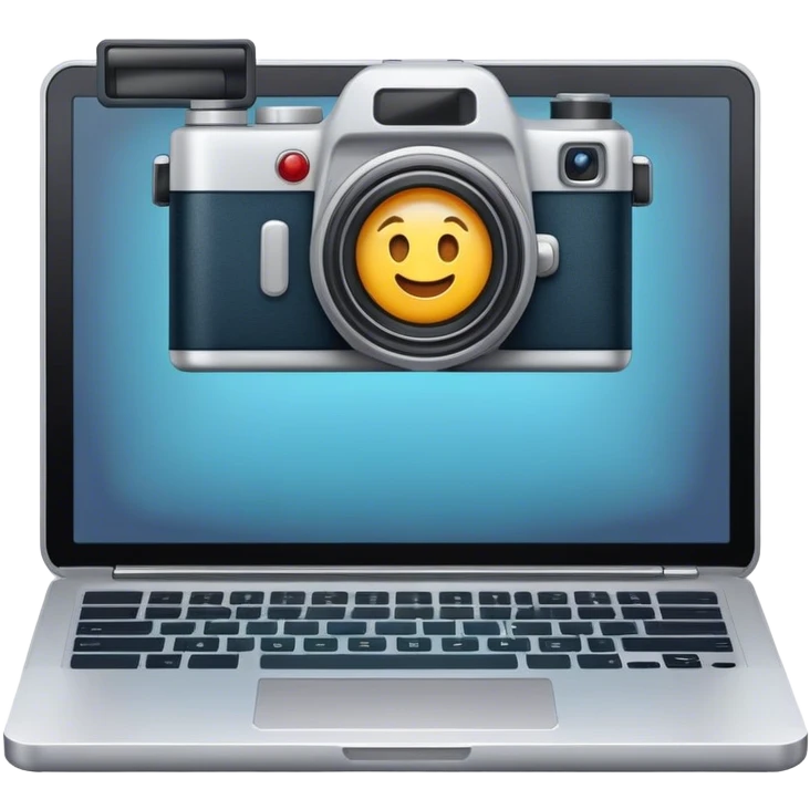 Create an emoji of blogging. The design should feature an open laptop or tablet with a visible blog post on the screen, showing text. Add a photo or video camera to symbolize multimedia content creation. Use modern, professional colors. No smiles. Make the background transparent. emoji