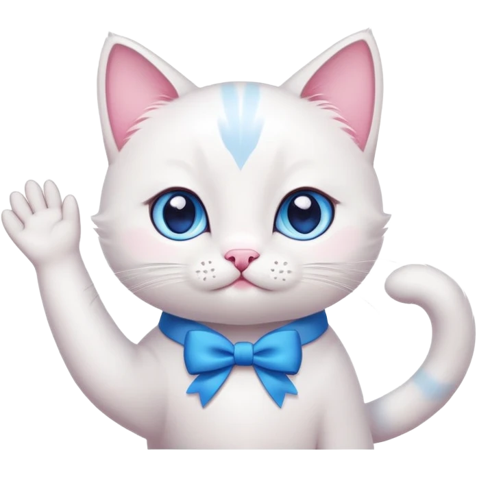 white cat with blue eyes very cute with a pink bow on his neck waving hello emoji