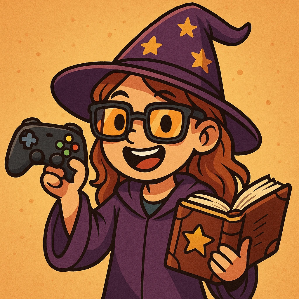a cheerful girl wizard with a joystick and a spellbook, wearing a pointy hat and gaming glasses emoji