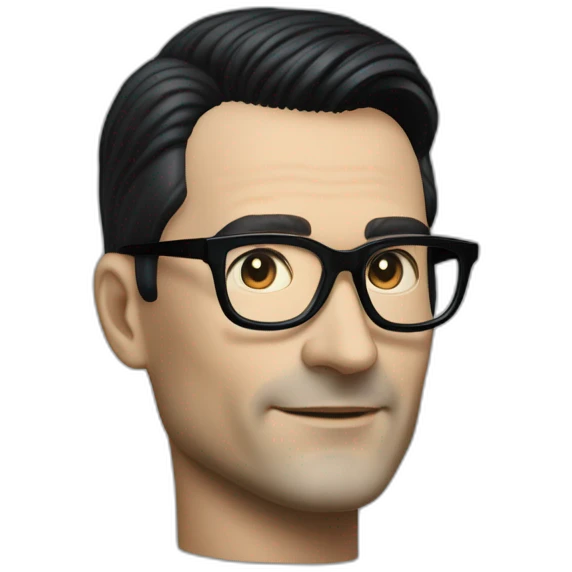 small photo realistic Ralf Hutter from Kraftwerk, short straight black hair, Dark Brown eyes, black glasses, thin, black shirt, waving, side view emoji