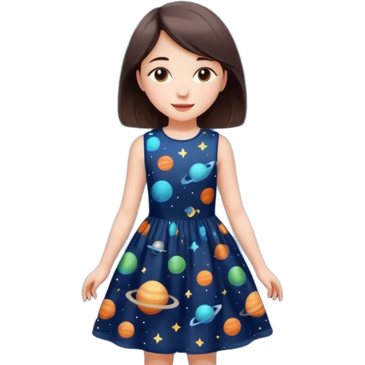 girl wearing a dress with a space print, simple, cheerful expression emoji