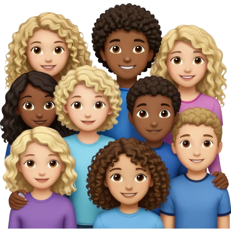 Group of diverse friends standing together, including a dark-skinned boy, a light-skinned blonde boy, a light-skinned girl with dark hair, a mixed-race girl with brown hair, a light-skinned person with curly hair, a mixed-race person with dark curly hair, and in the center a mixed-race person with wavy hair emoji