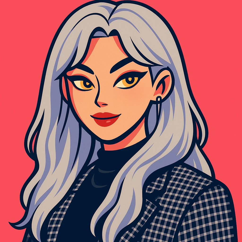 Create a stylized cartoon portrait of a woman with long silver hair, golden eyes, and fashionable clothing in a vibrant toon style with bold colors and smooth shading. emoji
