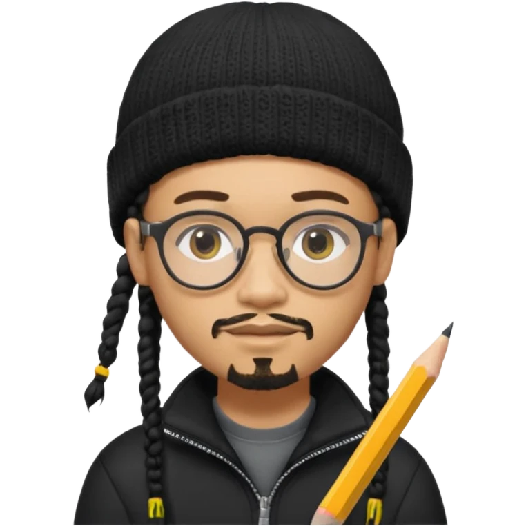 A creative young man with a pencil, glasses and a beanie. He holds a pen in his hand. He has dreadlocks, a slight moustache and bit of a beard. He's a lightskin blAsian man. He wears a black quarterzip jumper. emoji