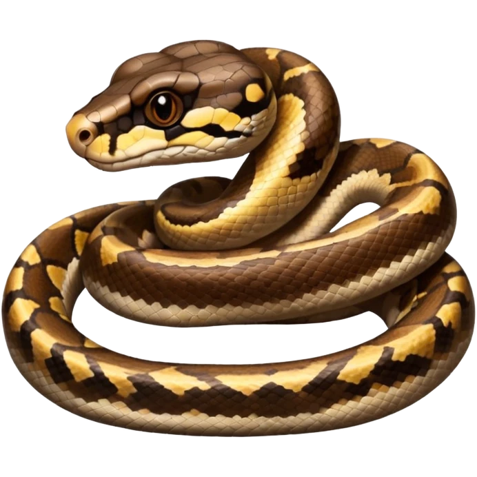 A photo-realistic top-down view of a Ball Python gently coiled into a tight spiral, with its head resting peacefully at the center. Its scales are warm brown with bold, irregular black markings, including the distinctive “alien-head” pattern, flowing smoothly along its body.  emoji