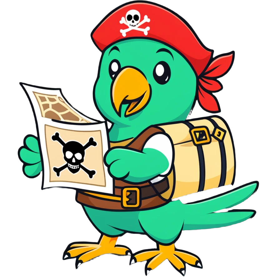 parrot with a pirate patch holding a treasure map with a QR code emoji