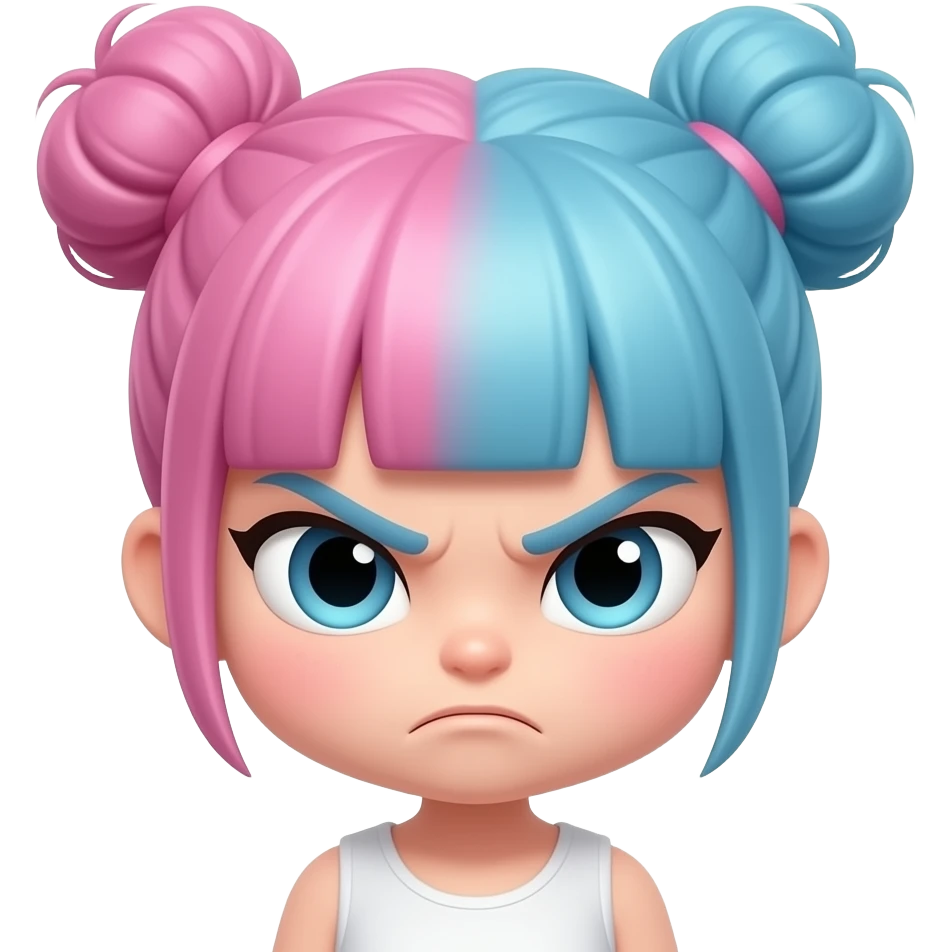 Can you make a chibi girl that has pink and blue hair and the hair is in buns and has a angry face emoji