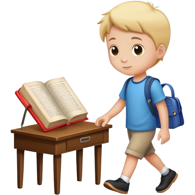 kid walking away from book sitting on desk emoji