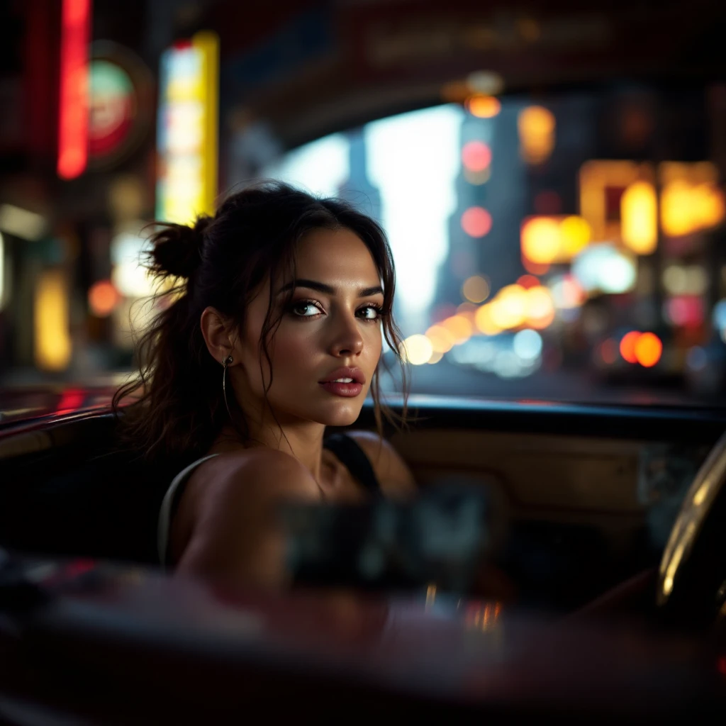 Cinematic still of a woman in porsche 911 emoji