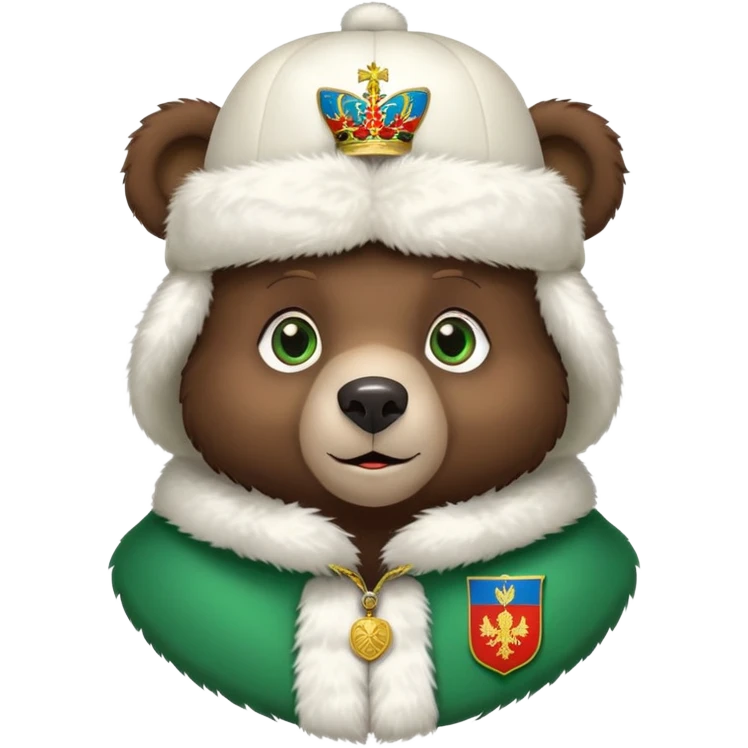 Very cute dark brown bear face with big green eyes and sweet expression, wearing a completely white fur hat with the Russian Federation coat of arms (double-headed eagle) in the center emoji