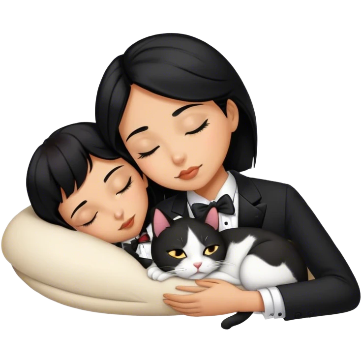 Black hair girl sleeping with tuxedo cat emoji