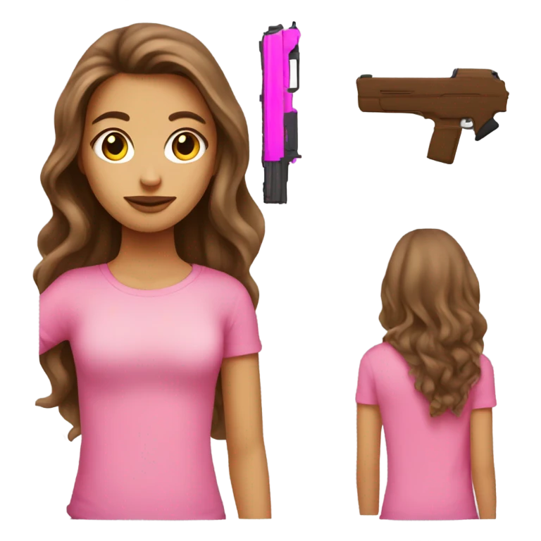 Beautiful brown long haired and fair skined  girl wearing pink top and holding a pink gun emoji