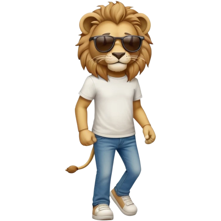 anthropomorphised lion in t-shirt and jeans wearing sunglasses walking upright emoji