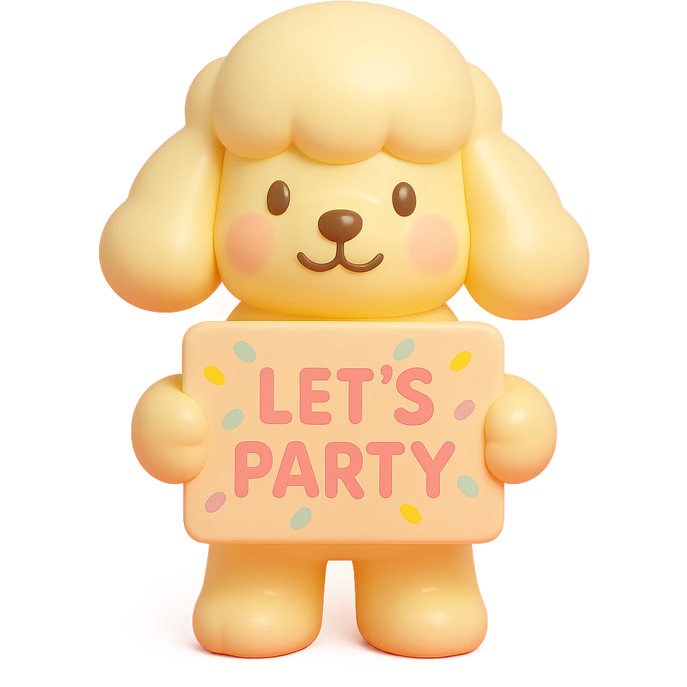 smiling poodle holding a confetti sign board with the text "Let's Party", cheeks blushing, vinyl figure style emoji