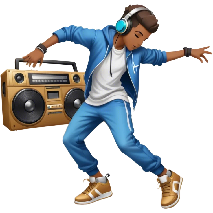 Icon for Street Dance: a dancer in urban streetwear performing a dynamic lower breakdance move, with a spray-painted background, headphones, and a boombox on the asphalt. The icon should capture the energy, style, and creativity of street dance culture. Transparent background. emoji