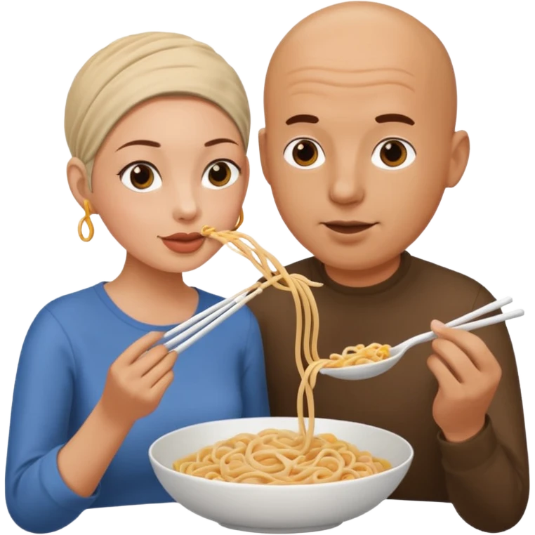 A bald man feeding a brunette woman noodles emoji