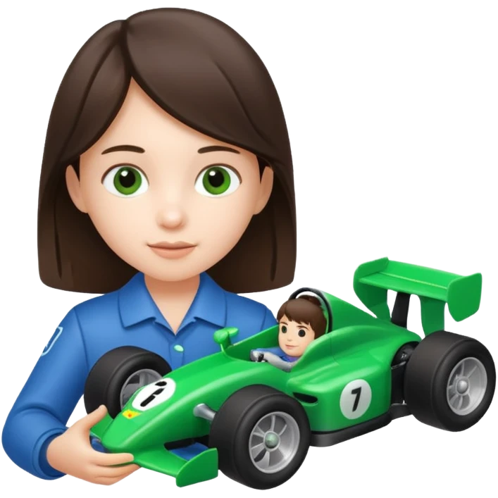 brunette kid playing green formula 1 toy emoji