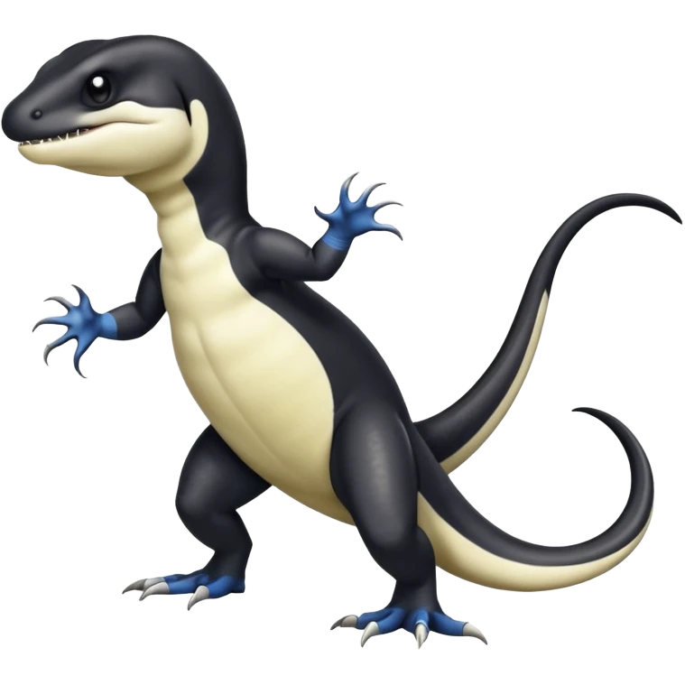 Black and white Orca-reptile-reptilian-lizard-skink-gecko-Digimon-Fakémon-hybrid full body, two legs, two arms, claws, tail emoji