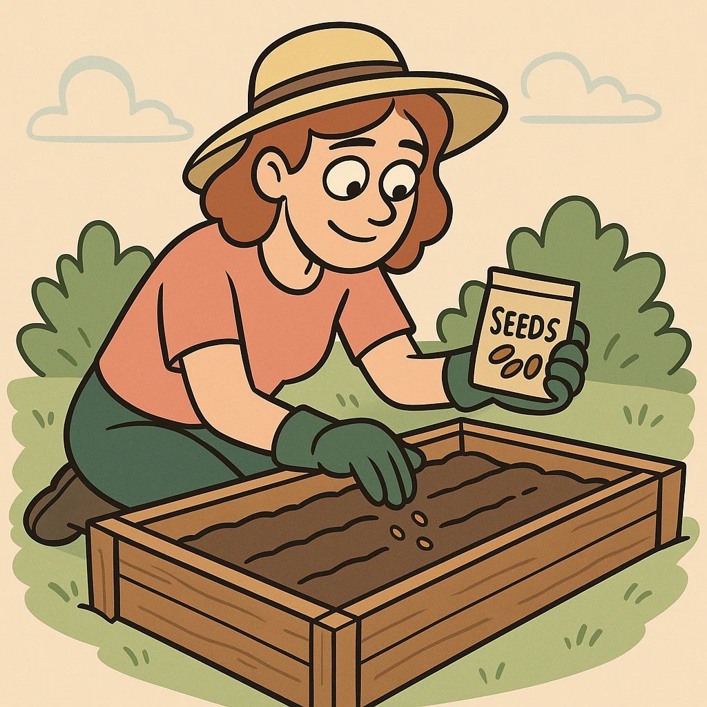 a woman planting seeds in a raised bed vegetable garden, flat toon style emoji