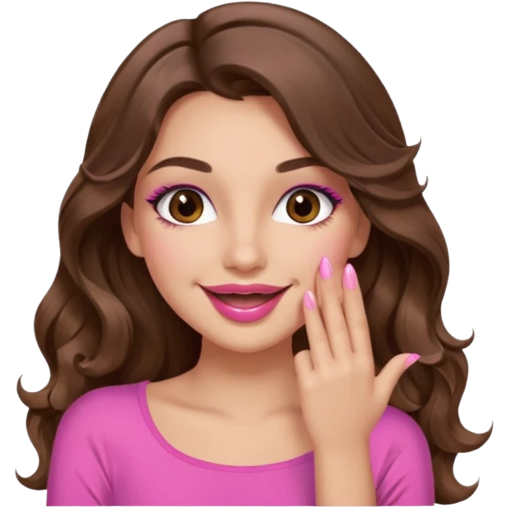 girl with long wavy brown hair, brown eyes, long lashes makeup, pink lips, light to medium complexion, pink sexy top, smiling, hand covering the mouth, emoji