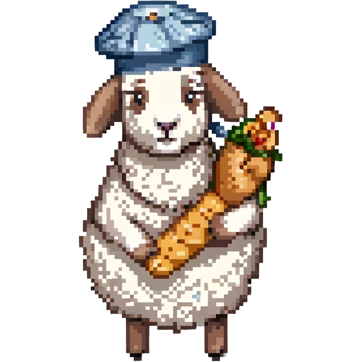 a cartoon sheep with a beret and baguette, pixel art style emoji