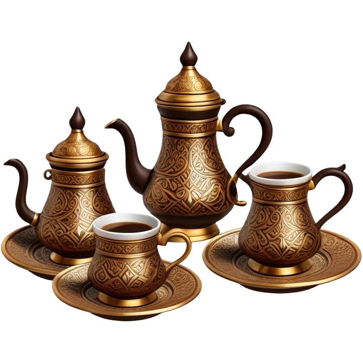 Turkish Coffee Set – Cinematic Realistic Turkish Coffee Set, depicted as an elegantly arranged ensemble of ornate coffee cups and a traditional cezve pot, adorned with intricate patterns and rich, warm colors, rendered with detailed textures and soft ambient lighting that captures its cultural heritage. emoji