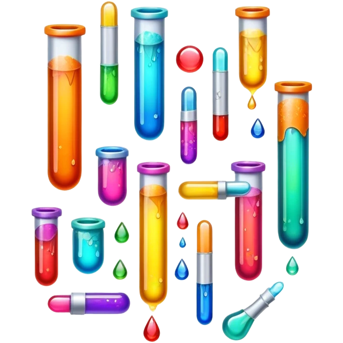 Create an icon that represents decorative arts using epoxy resin in tubes. The design should feature colorful tubes of resin, including fluorescent resin tubes, with visible drops or strokes of resin being applied to create intricate designs. Include examples of finished resin jewelry or decorative pieces, such as pendants, rings, or abstract art. The composition should feel vibrant and artistic, highlighting the creative and glowing nature of resin crafting. The background should be transparent. emoji