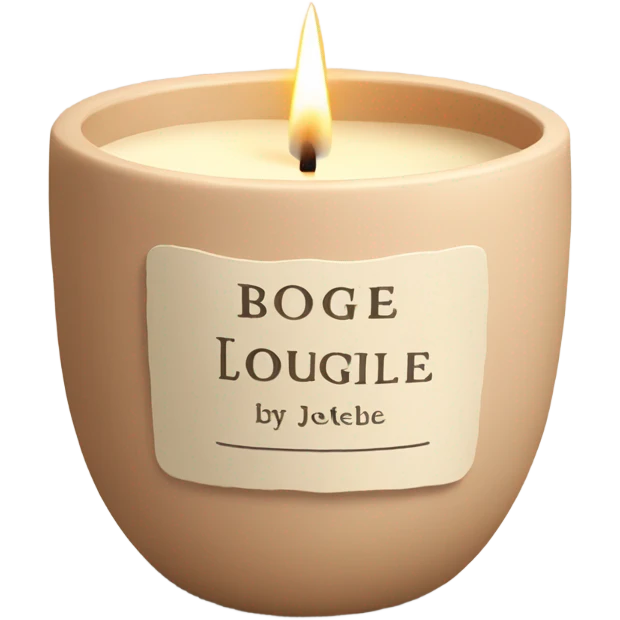 candle in a cream vessel that has a label That says bougie by Joëlle in clay color emoji
