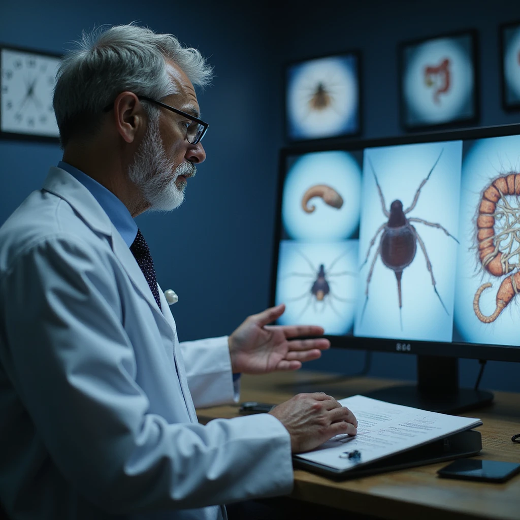 realistic doctor comparing images of different intestinal parasites found in feces, screen with enlarged images emoji