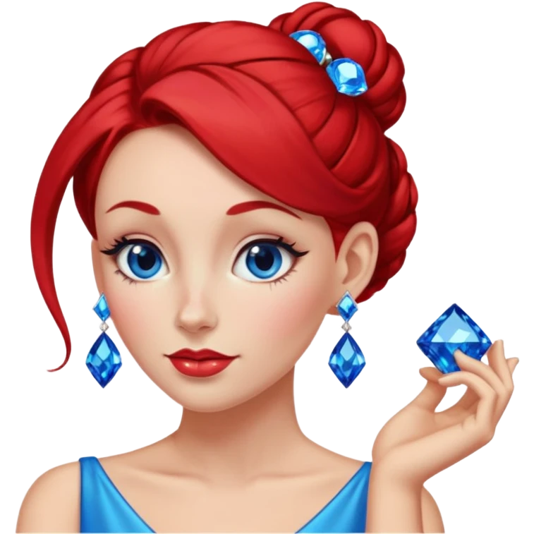gem lover woman with gem accessories excessive amount very big gem earrings red bun hair and redbluediamonds emoji