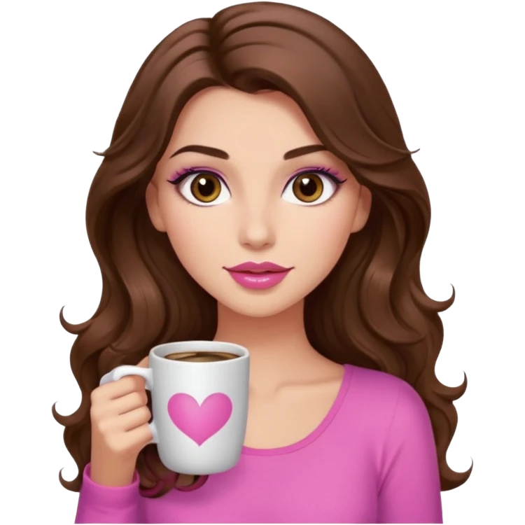 girl with long wavy brown hair, brown eyes, long lashes, makeup ,sexy pink lips, light to medium complexion, pink sexy top, with a coffee mug emoji