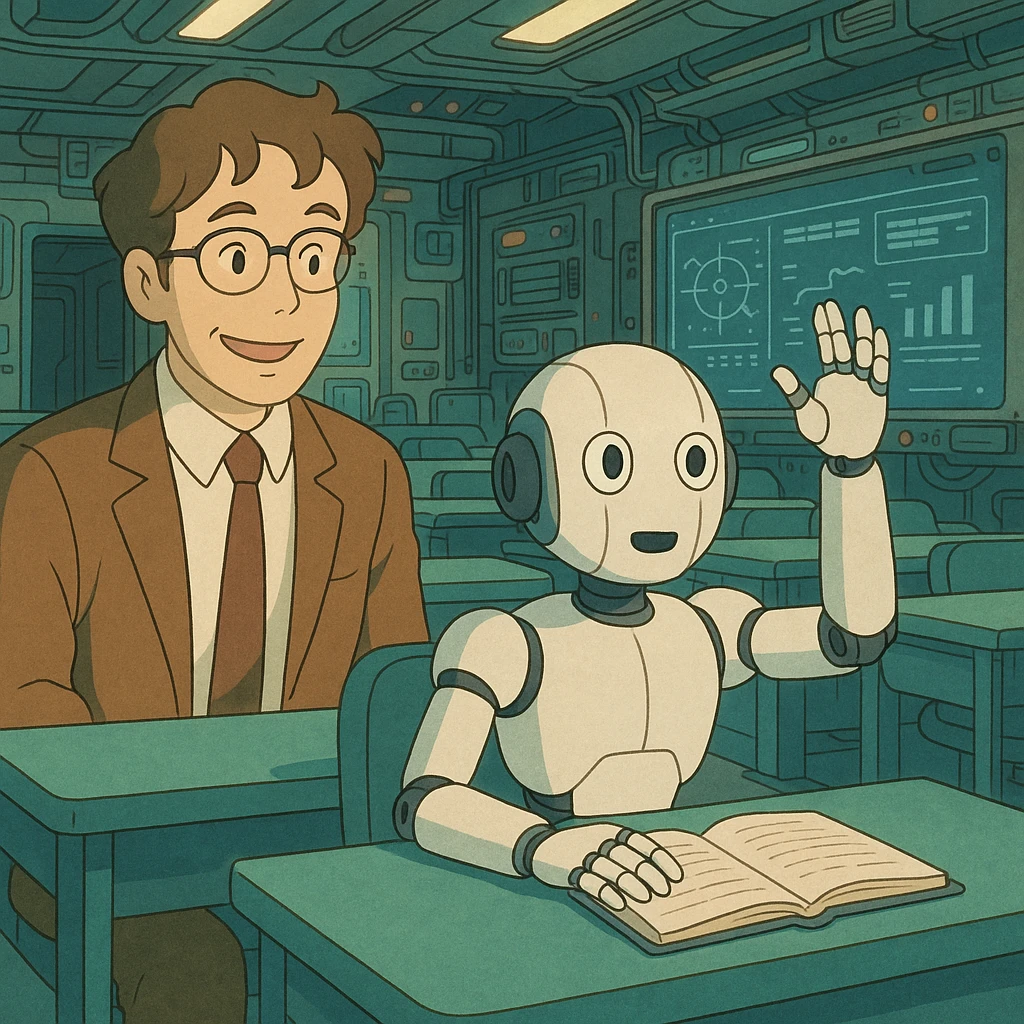 A human teacher smiling as an android student raises its hand to ask a question in a high-tech classroom emoji