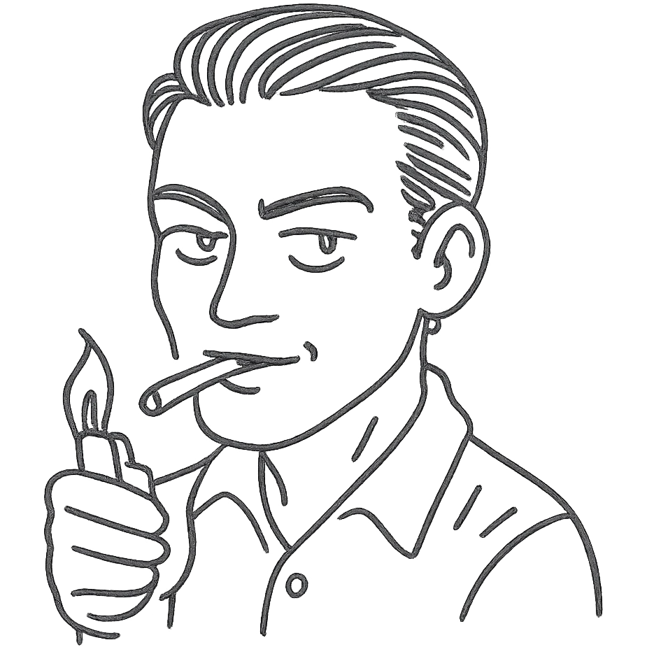 a guy with hazel eyes and slicked back brown hair stay with a lighter and a cigarette in his mouth with a sly expression on his face emoji
