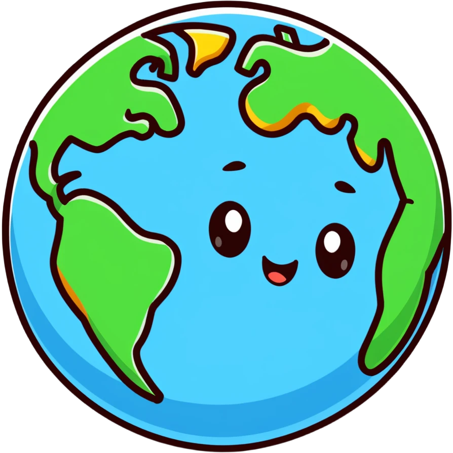 A colorful Earth globe with continents, oceans and a cute face emoji