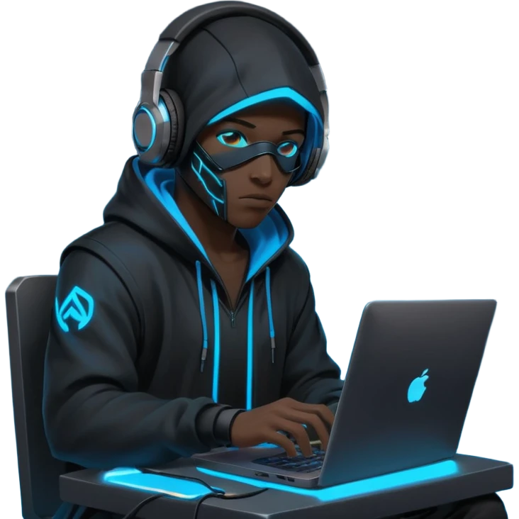developer behind his laptop with this style : crysis Cyberpunk Valorant neon glowing bright blue character blue black hooded assassin themed character emoji