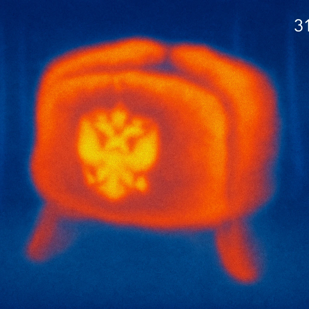 Russian ushanka hat with the emblem of Russia in thermal camera style with a forest background emoji