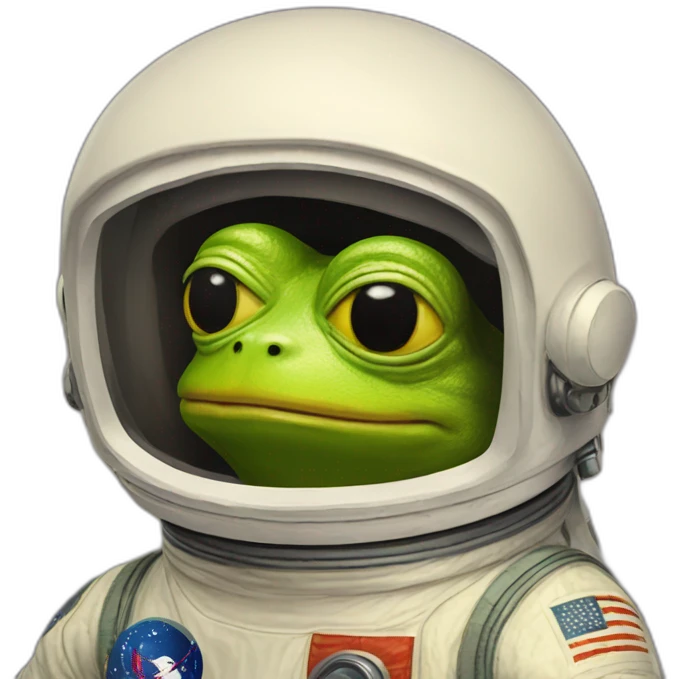 yellow pepe frog with astronout suite and M logo  emoji