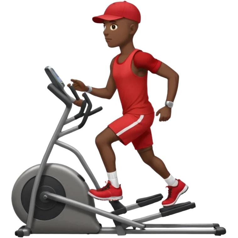 dark skin bald African American man on elliptical machine with red tank shirt and black shorts and backwards facing baseball hatcap emoji