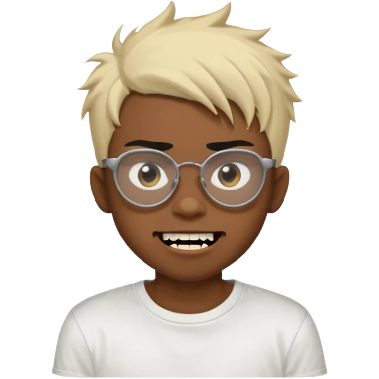 Black Male Teenager with Short punk messy blonde hair, Dark brown bushy eyebrows large expressive golden-brown eyes, wearing a plain white t-shirt, wearing thick black glasses, Dark Brown skin color. Showing off his singular vampire tooth emoji