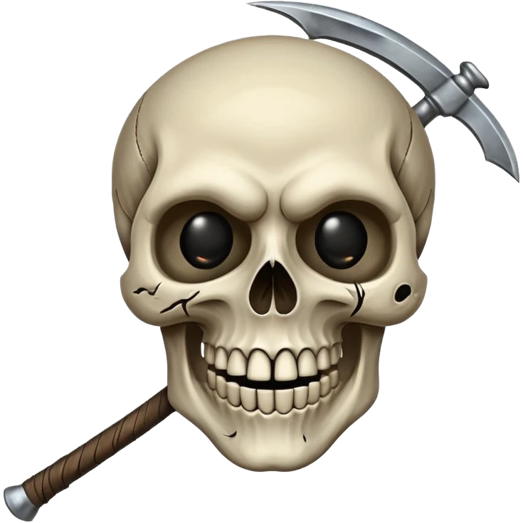 A laughing skull with a scythe crossed behind it, one eye socket winking. Clean, stylized lines, flat vector. Medieval woodcut style. Black and white with one accent color (tarnished silver). No background. emoji