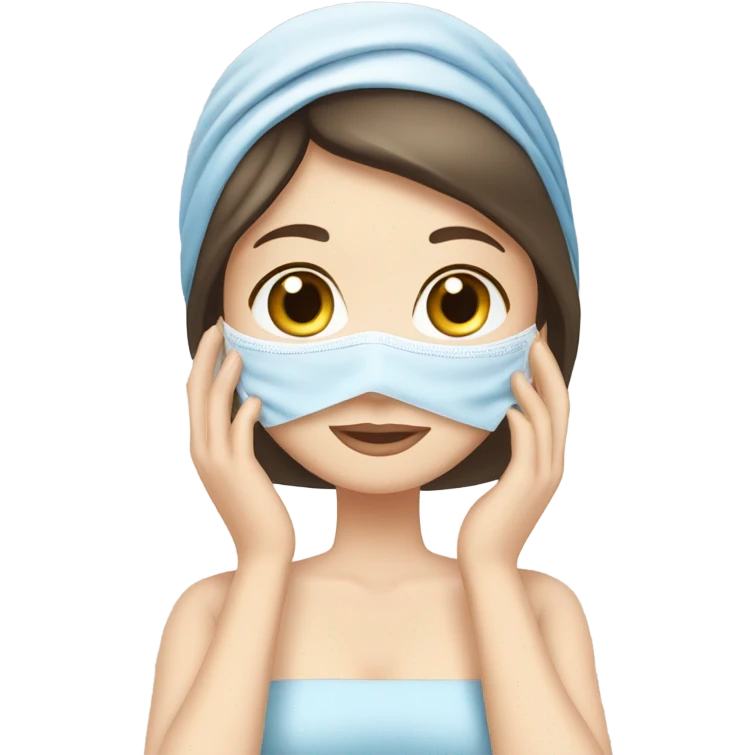 The white-skinned, blue-eyed, brunette-haired girl is making a mask on her face with a towel on her head. emoji