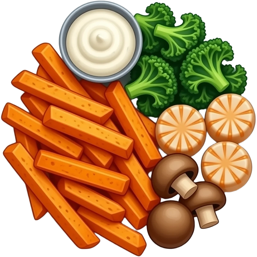 Realistic plate of sweet potato fries, kale, scallops, mushrooms and sour cream emoji