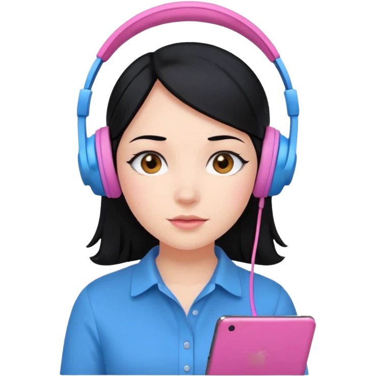 girl with black  hair, blue shirt and pink headset emoji
