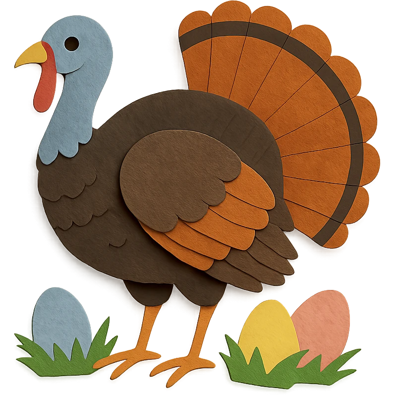 wild turkey in paper craft style, delicate paper layers, naturalistic pose, vibrant tail, Easter eggs and grass emoji