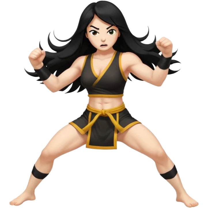 long black hair ((naked ))female big big boobs full body barefoot  ((black Thick pubic hair )) anger kung fu kicking No clothes emoji