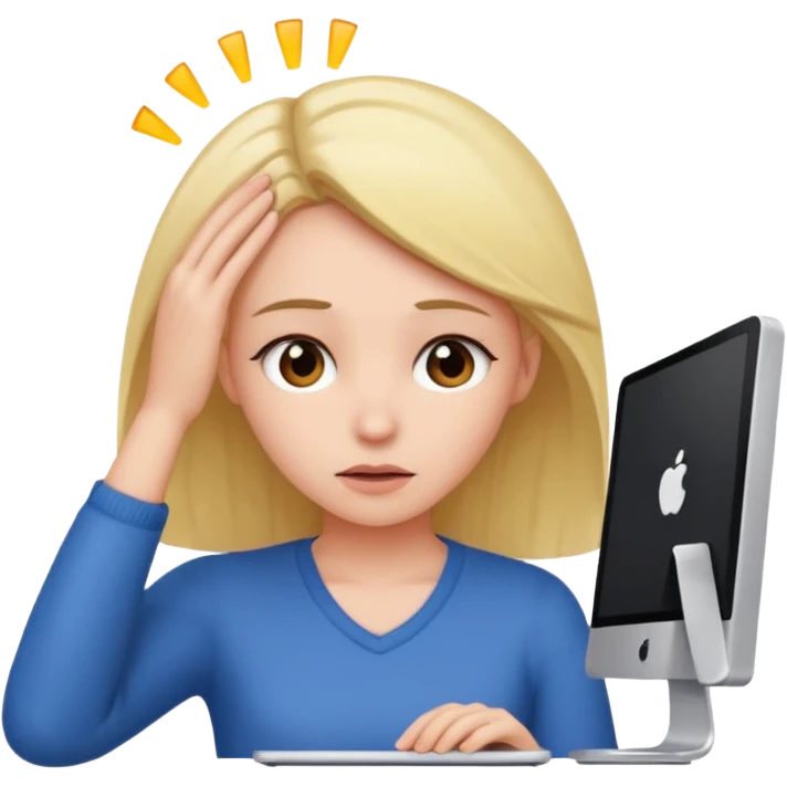 A girl is in front of a computer and is holding her head. emoji