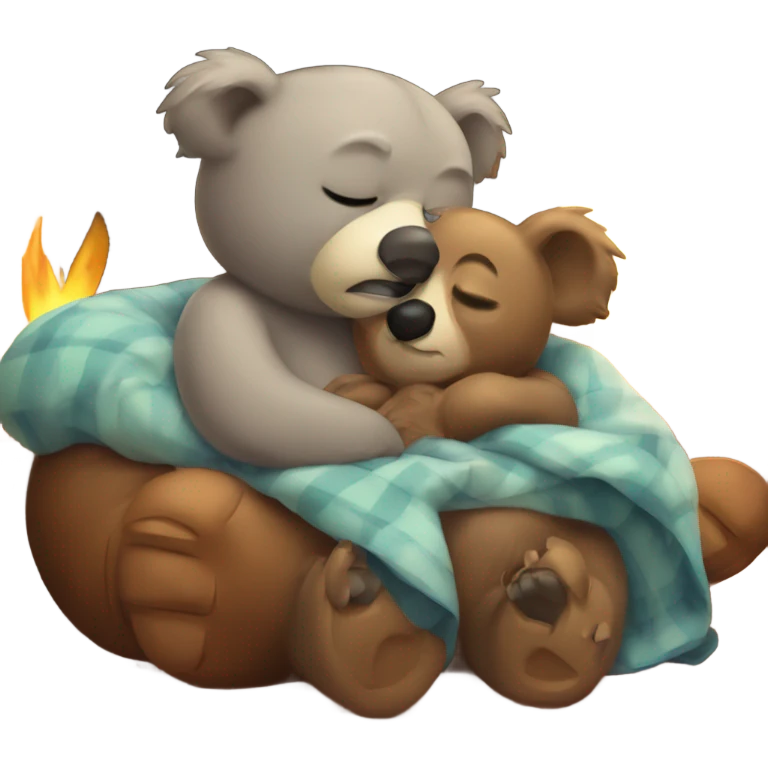Bear snuggled with koala at fireplace emoji