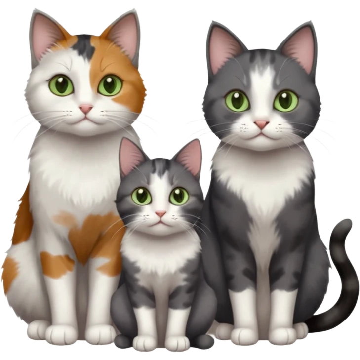 3 different coloured small cats including a dark grey and white, and a patchy calico with hazel eyes and a completely solid dark grey with green eyes and only white paws emoji